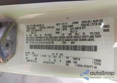 2016 Ford Escape Titanium z USA, uszkodzony, nr VIN 1FMCU0JX4GUA43736